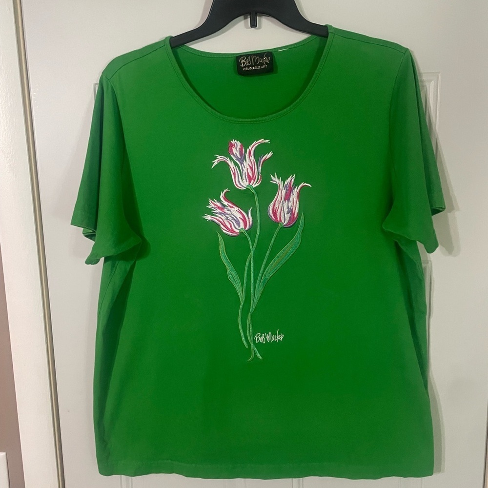 Bob Mackie Wearable Art Floral Green Pink Embroidered T Shirt Size XL - Picture 1 of 6